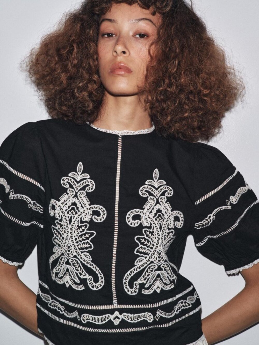 ZARA ZW Collection Embroidered Cotton Blouse NWT Medium Black Contrast Summer